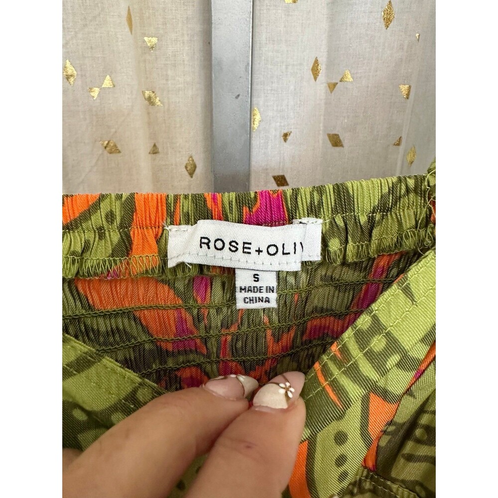 Rose + Olive Hawaiian Tropical Floral Puff Balloon Sleeve Smocked Crop Top S - Picture 5 of 7